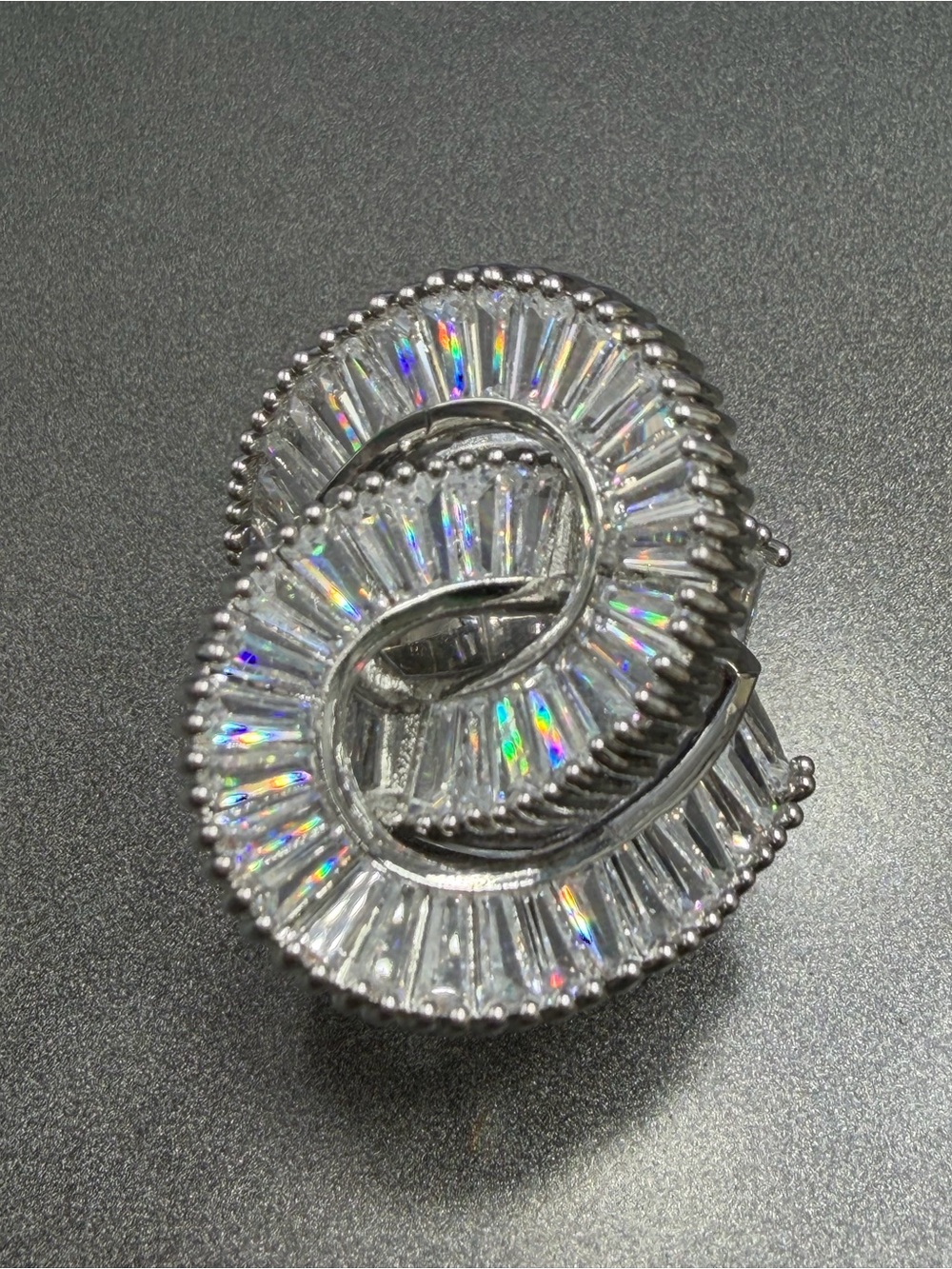 Vintage Silver-Tone Crystal Swirl Statement Ring - Baguettes #426R